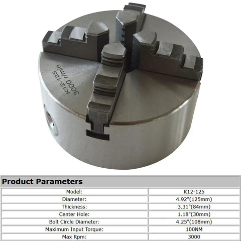 Top view of Premium 4 Jaw Lathe Chuck 125mm Self Centering For CNC Machine Tools Durable High Quality Steel, showing parameters.
