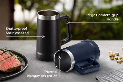 Adventure Ready Black Stainless Steel Beer Stein And Coffee Tumbler With Thermal Vacuum Insulation, Big Grip Handle, Shatterproof