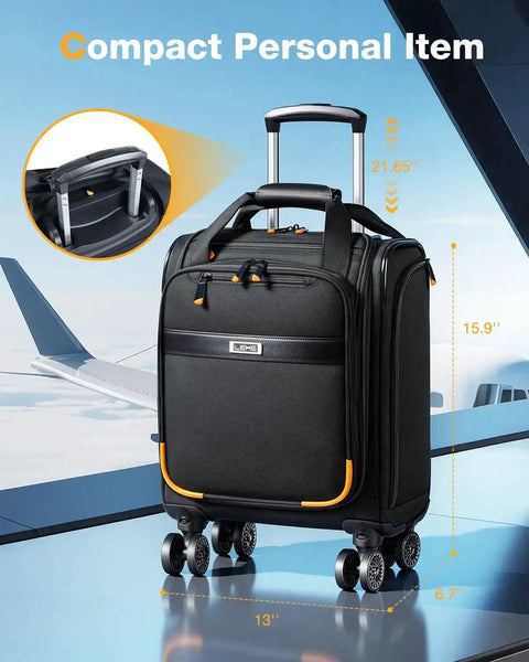 Underseat Carry On Luggage 16 Inch Softside with Detachable Spinner Wheels in black, featuring 1680D nylon and eight pockets, shown with airplane in background.