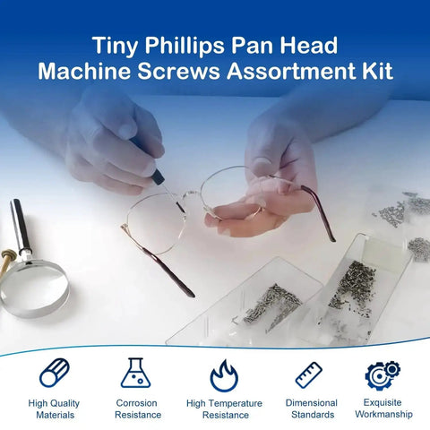 Hands repairing eyeglasses with Huge 1600Pcs Tiny Phillips Pan Head Machine Screws Set For Eyeglasses RC Models Electronics And DIY Projects Nickel Plated Carbon Steel Metric Micro Screws From M1 To M1.7