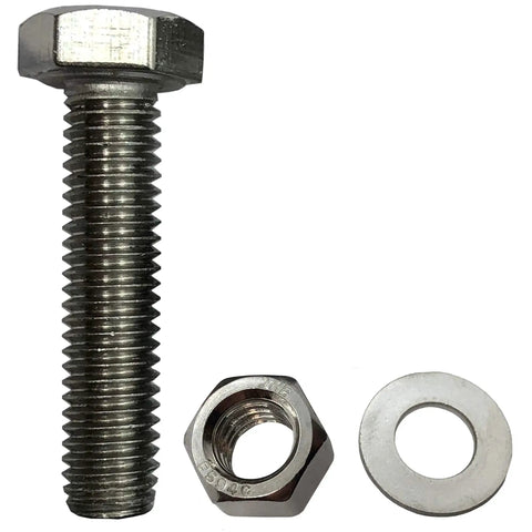 Close-up of a bolt, nut, and washer from the All Purpose 304 Stainless Steel Bolts Nuts And Washers Set One Quarter Inch Twenty Threads