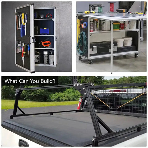 Collage of DIY shelves, workbench, and truck rack using 1 Inch By 1 Inch T Slot Aluminum Extrusion 10 Series 1010.