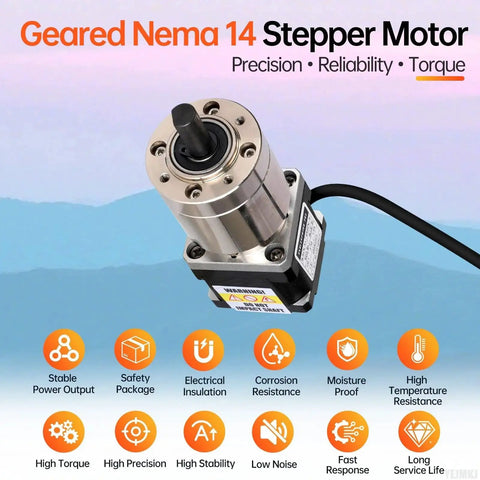 Geared Nema Fourteen Stepper With Integrated Planetary Gearbox 100 To 1 Ratio, shown with features for CNC DIY projects