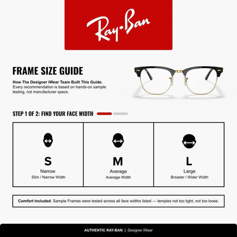 Ray-Ban Frame Size Guide with different face widths for Unisex Clubmaster Square Sunglasses