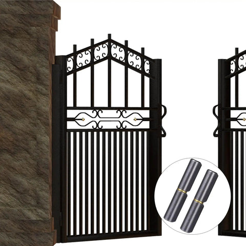 View of iron gates with Heavy Duty Beefy Weldable Barrel Hinges Set Of 6 For Metal Doors And Gates 2.37 Inch Long 0.43 Inch Wide