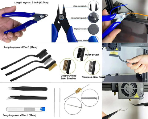 All In One 124 Piece 3D Printer Tool Kit With Carry Case For Finishing Cleaning Nozzles Trimming And Sanding tools close-up