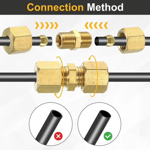 Two brass compression tube fittings for 10mm OD tubing; NPT straight coupling adapters with ferrules on black tubing