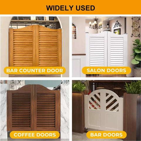 Saloon door hinges for double swinging cafe doors; collage shows wood and white louvered doors for bars and cafes