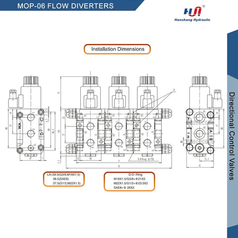 Technical drawing of hydraulic solenoid flow diverter valve with stackable circuit selector, 6 ports, installation dimensions
