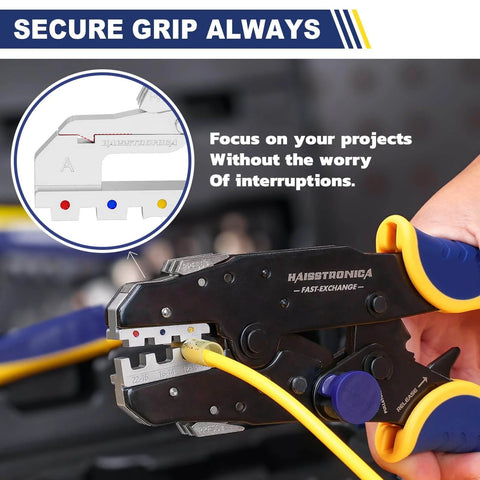 Eight Piece Rapid Replace Ratchet Crimping Tool Set With Pressure Regulation And Automatic Wire Stripper in use