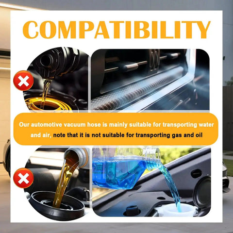 Compatibility chart showing Six Piece Silicone Vacuum Hose Kit for automotive use, highlighting suitability for water and air.