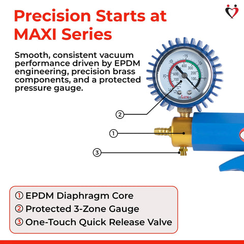 LeLuv Maxi manual vacuum pump with blue body, ergonomic nylon handle, brass fittings, and rubber-protected pressure gauge