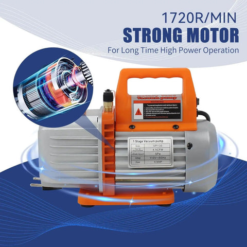 Efficient 4.5 CFM HVAC vacuum pump kit with a 4-way gauge and leak detector for fast, reliable evacuations of R134a, R410a, and R22 systems