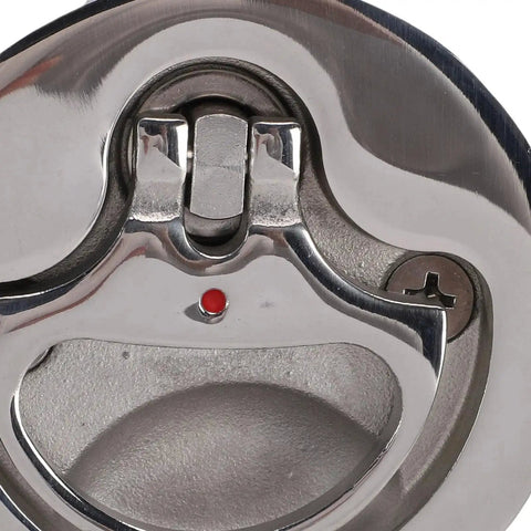 Boat cam latch, 316 stainless steel, red indicator dot, mounting screws (close-up)