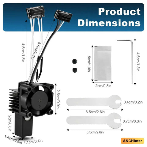 All In One Hotend Kit For Bamboo Lab P1P And P1S 3D Printers dimensions and components including fan and tools