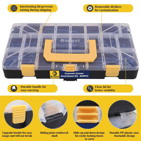 Do It All Concrete Screw And Fastener Kit 1625 Piece Assortment With Concrete Screws Nuts Bolts Washers And Wood Screws In A 3 Tray Organizer in a transparent plastic case with yellow handle and compartments