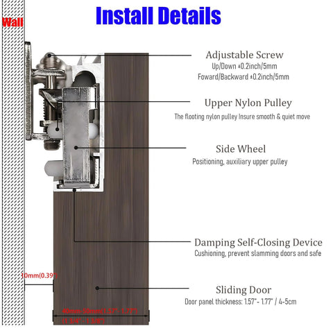 Installation diagram of Hidden Sliding Barn Door Hardware And Track With Invisible Sliding Door System Floating Wall Mounted Track.