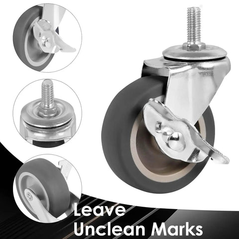 BAISASY 3-inch caster wheels with brakes; set of four with threaded M8x1.25 stems for furniture or wire shelving