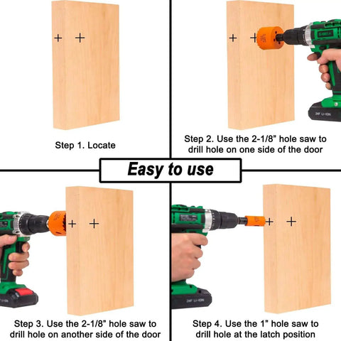 Easy Install Door Lock Hole Saw Kit With One Inch And Two One Eighth Inch Bi Metal Saws And Arbors for drilling wood doors