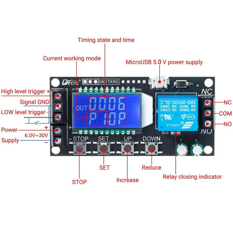 Time Delay Relay Module Dual Pack for DC 5V 12V 24V with LCD Display, showing connectors and LCD in a DIY setup.
