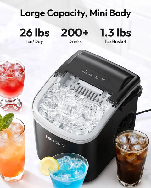 Portable Countertop Ice Maker With Handle 26 Lbs Daily Output 6 Minute Ice Cubes, black unit, with ice and drinks around