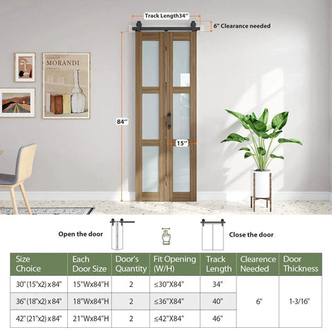 Double 15x84 Frosted Glass Barn Door Set In Brown Finish installed in modern room with table and plant
