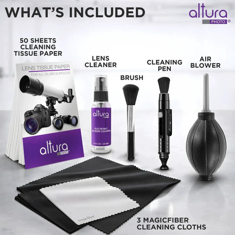 Camera Cleaning Kit With Air Blower And Lens Cleaner Spray For Canon Nikon Sony including tissue paper, lens cleaner, brush, pen, cloths.
