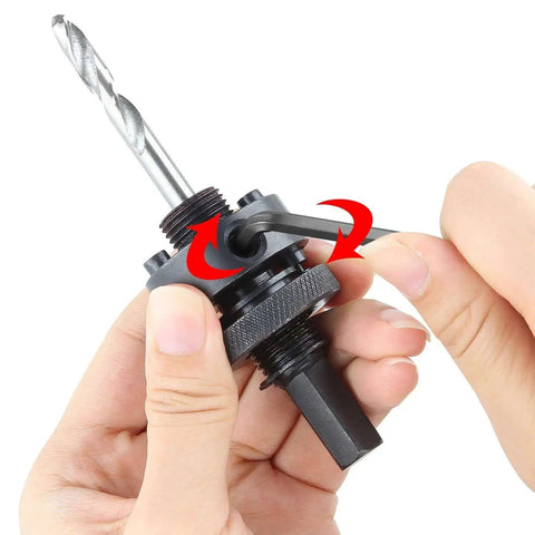 Hands using an Allen key to adjust Heavy Duty Quick Change Hole Saw Arbor For 1-1/4 To 6-5/8 Inch Hole Saws With 7/16 Inch Hex Shank