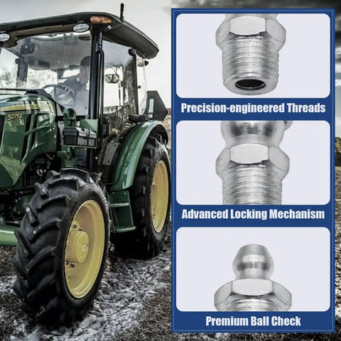 260-Piece SAE And Metric Grease Fittings Kit With Quarter Inch, Eighth Inch, M6 And M10 zerks shown next to tractor
