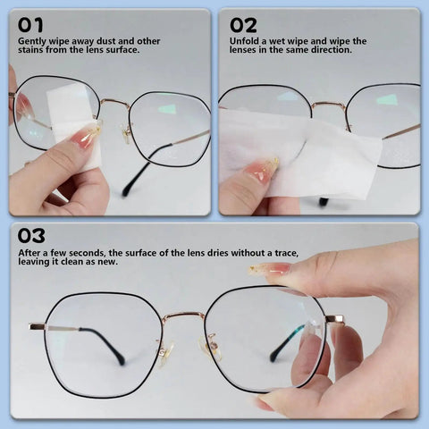 Steps to clean glasses with pre moistened lens wipes for eyeglasses AR coated lenses screens streak free