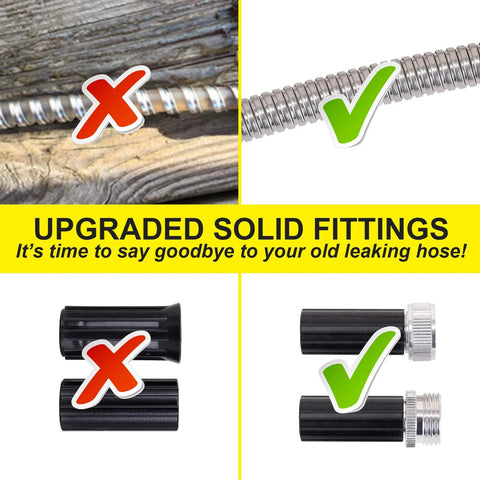 FOX EASE metal water hose, 25 ft stainless steel with two nozzles for lawn and patio use.
