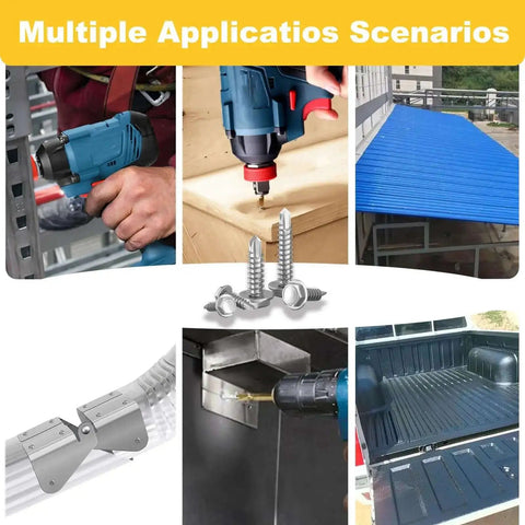 Collage showing applications of Self Tapping Screws Kit In 410 Stainless Steel 125 Piece Assortment with drilling