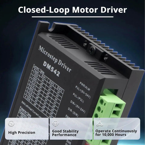 DM542 CNC Digital Stepper Motor Driver Pro Grade Heavy Duty 1.0 To 4.2 Amp 20 To 50 Volt DC 2 Phase 128 Subdivision Micro Step Resolution CNC Controller For Nema 17 And Nema 23 Motors, front view showing specifications and features like high precision and stability.