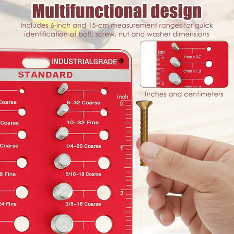 Pro Grade Aluminum Bolt Nut Gauge Kit With 34 Size Thread Checker And Ruler For Plumbers Machinists And Handymen High Precision CNC Alloy Tool For Workshop Garage with measurement markings and a hand holding a screw.