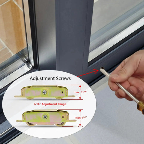 Sliding Patio Door Rollers Replacement Hardware Fits Major Brands Including Jeld Wen Truth Milgard Marvin 1-1/4 Inch Steel Ball Bearing Wheels 5-3/4 Inch Height Side Adjustable 2 Pack For Smooth Easy Sliding And Long Lasting Performance installation guide showing adjustment screws