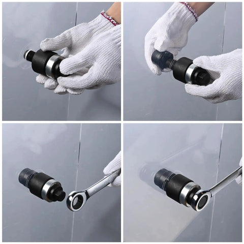 Worker using Pro Grade Knockout Hole Punch Set From Half Inch To Two Inch For Sheet Metal And Electrical Conduit Ratcheting Wrench Kit.