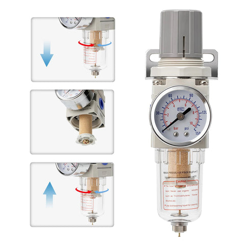 LNCHKA pneumatic filter regulator combo with gauge, water separator, 1/4 in NPT, 5 micron brass cartridge, metal bracket