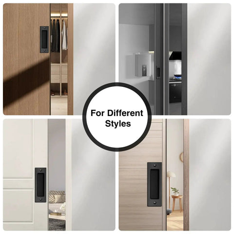 6 Inch Flush Pull Sliding Barn Door Handle Set For Closet Pocket And Cabinet Doors in use on different door styles