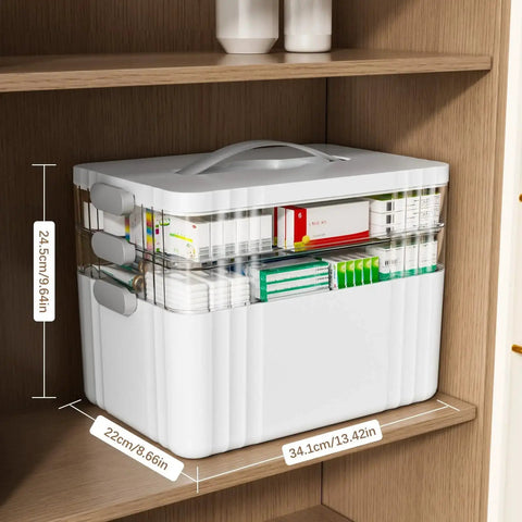 Three Tier Portable Medicine Organizer Cabinet with detachable transparent trays and sturdy plastic handle on a wooden shelf.