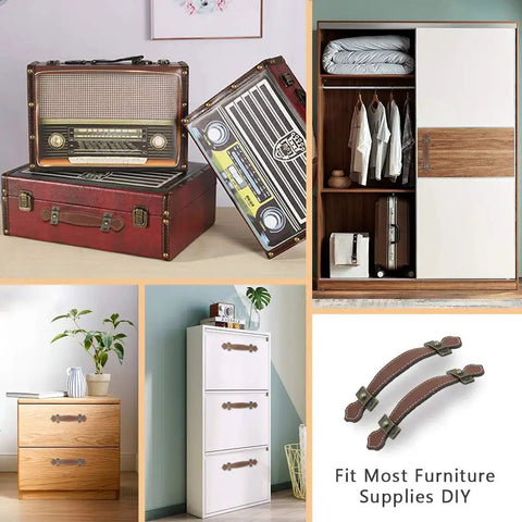 Six Retro Style Leather Furniture Pull Handles Set 6.3 Inch Length for drawers, cabinets, and PU suitcases with 12 mounting screws shown in various settings
