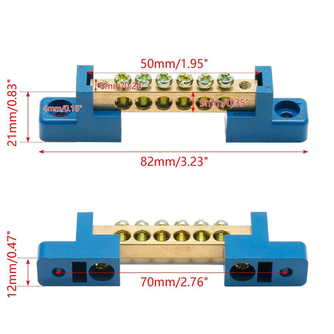 2 Pack Brass Ground Bar Terminal Block, 6 Position Wire Screw Grounding Bus Bar, side view with measurements and blue casing