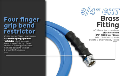 AG-Lite rubber garden hose, 3/4 in x 6 ft, blue with black ergonomic grip and brass GHT fitting.