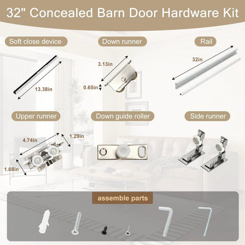 Concealed Sliding Barn Door Hardware Kit With Soft Close For 24 To 28 Inch Passage Openings, assembly parts and rail shown