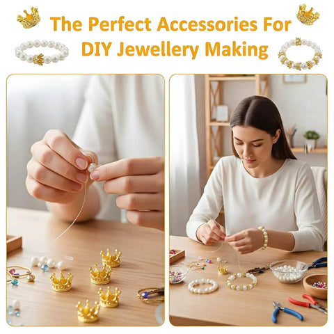 Woman making jewelry with Mini Crown Charms For Crafts 3D Gold King Crown Beads With Large Hole For DIY Jewelry Necklace And Bracelet Making 100Pcs Royal Bling Beads For Creative Projects