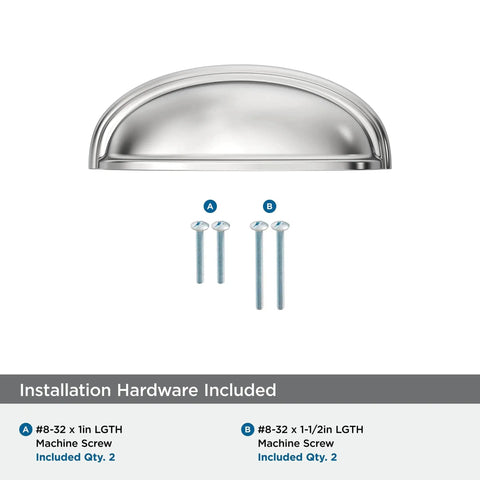 Ashby Polished Chrome Cup Pull for cabinets and furniture with included mounting screws, traditional style drawer handle.