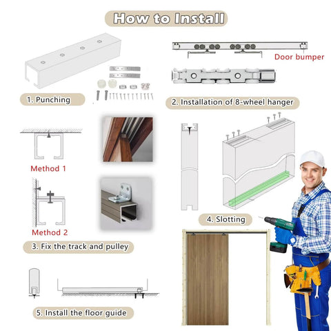 Installation guide for Heavy Duty Sliding Barn Door Hardware Track Kit Exterior With Low Profile Pocket Door Rail For One Pivot, 8 Wheel Hanger System, Quiet Smooth Glide, Supports Up To 440 Lbs Per Panel, Stainless Steel Construction.