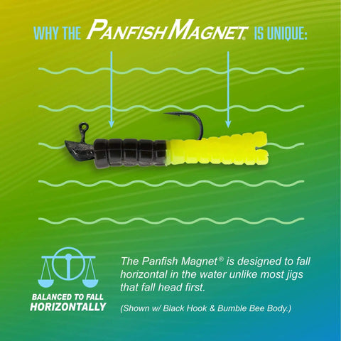Image of Panfish Magnet Kit With Longer Shad Dart Hook, 82 Piece Lure Set Including 70 Split Tail Grub Bodies And 12 Size 8 Mustad Hooks showcasing a black hook and yellow body underwater.