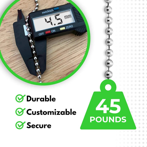 Beaded Ball Chain 4.5mm Nickel Plated Steel 100 Foot Spool with B Type Connectors 100 Pack Bundle, caliper measurement, 45 pounds strength