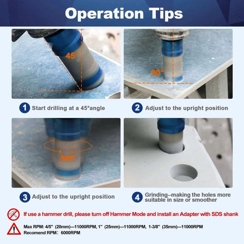 Operation tips for using Two In One Diamond Core Drill Bit For One And Three Eighths Inch Holes on ceramic tile by BRSCHNITT.