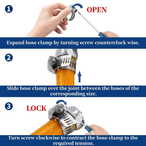 Steps to install 25 Piece Stainless Steel Hose Clamp Set with five sizes for plumbing, automotive, and HVAC uses.